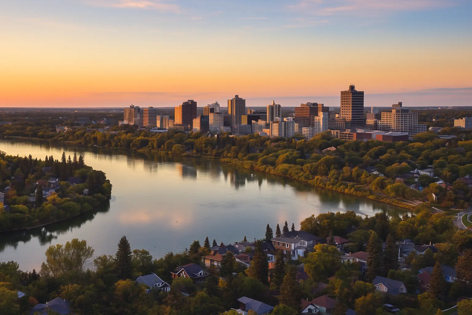 Aerial view of Saskatoon skyline at sunset overlooking the South Saskatchewan River and residential areas.
